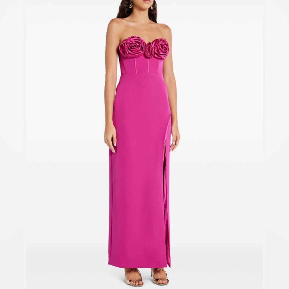 Monique Lhuillier Hot Pink Strapless Rose-Bust Maxi Dress